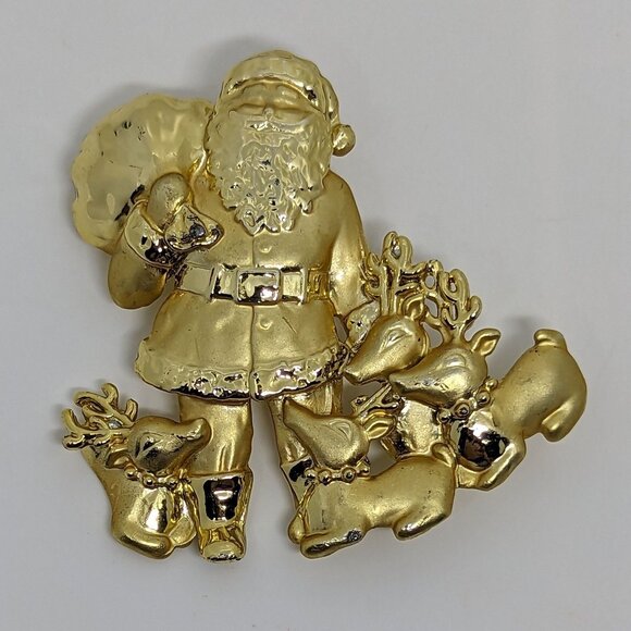 Ajc Jewelry - Santa Claus Gold-Tone Brooch Pin With Reindeer & Presents Signed AJC